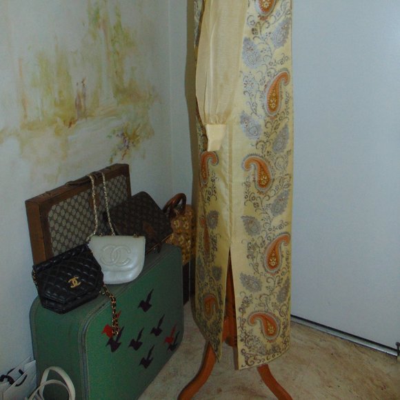 Vintage 60s 70s Alfred Shaheen Kaftan Long Sleeve Yellow Hawaiian Maxi Dress 10 - Picture 14 of 15